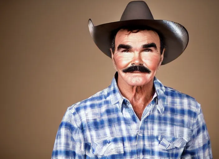 Prompt: studio portrait photo still of 2 0 year old burt reynolds!!!!!!!! at age 2 0 2 0 years old 2 0 years of age!!!!!!! wearing a cowboy hat holding a bucket of fried chicken, 8 k, 8 5 mm f 1. 8, studio lighting, rim light, right side key light