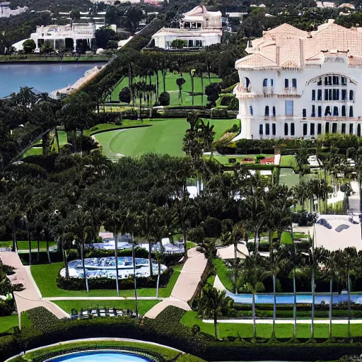 Prompt: mar-a-lago being raised by fbi agents in windbreakers, wide angle, high detail, dark