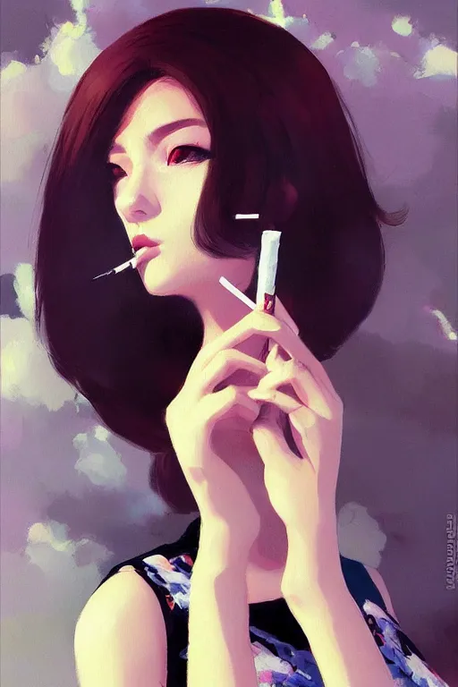 Image similar to A ultradetailed beautiful panting of a stylish woman smoking a cigarette, Oil painting, by Ilya Kuvshinov, Greg Rutkowski and Makoto Shinkai