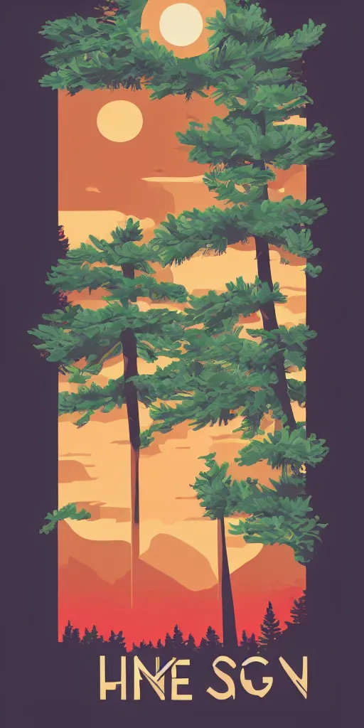 Prompt: shirt design, vector style, a bunch of pines, big red sun, fresh modern look, made with photoshop,