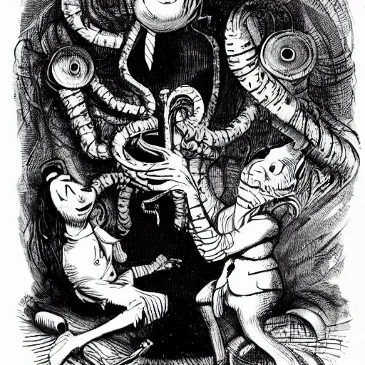 Image similar to twas brillig, and the slithy toves did gyre and gimble in the wabe | lewis carroll and hp lovecraft with doctor seuss and hr giger