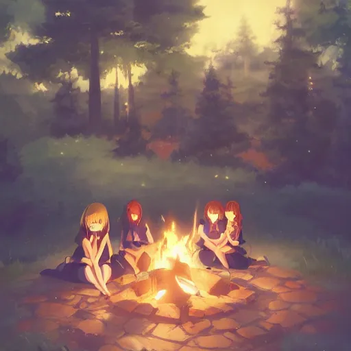 Image similar to very beautiful cute girls sitting around campfire at night, fantastic details, anime art, trending on artstation, pixiv, makoto shinkai, manga cover