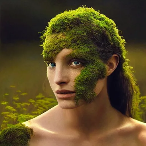 Image similar to beautiful portrait of a woman\'s face, her skin made of moss, flowers growing from her head, golden sunlight, extremely detailed, hyperrealistic, photo by annie leibovitz, masterpiece, award-winning