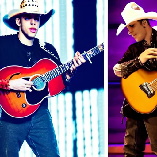 Image similar to pete davidson has a really nice electric guitar and plays it while wearing a cowboy hat and cowboy outfit