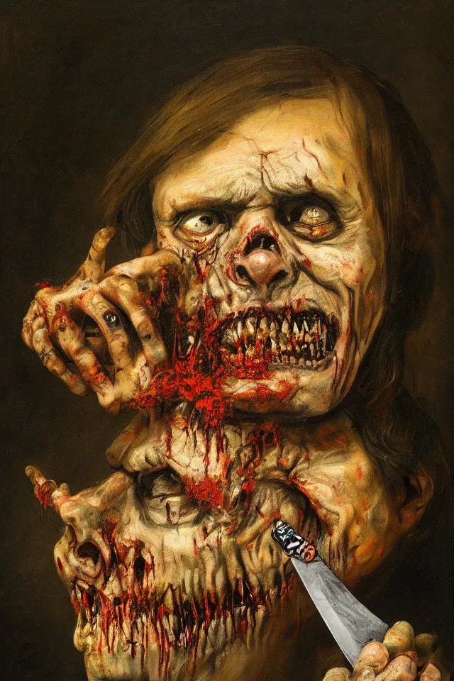 Prompt: a portrait of Jair Bolsonaro as a rotting zombie buffoon with a knife going through his head, art by Rembrandt, oil on canvas