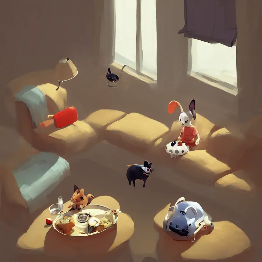 Prompt: Goro Fujita illustrating A dog on a sofa staring at the food dish under the window in the living room, art by Goro Fujita, sharp focus, highly detailed, ArtStation