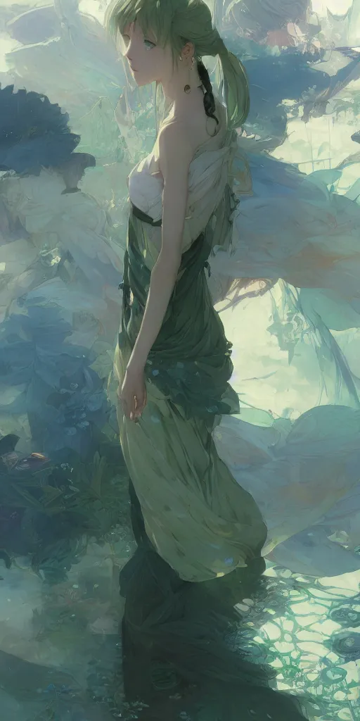 Image similar to a depressed digital art, green and warm theme, blue accents, back lighting, highly detailed, 4 k resolution, trending on art station, by krenz cushart and mucha and akihito yoshida and greg rutkowski and makoto shinkai