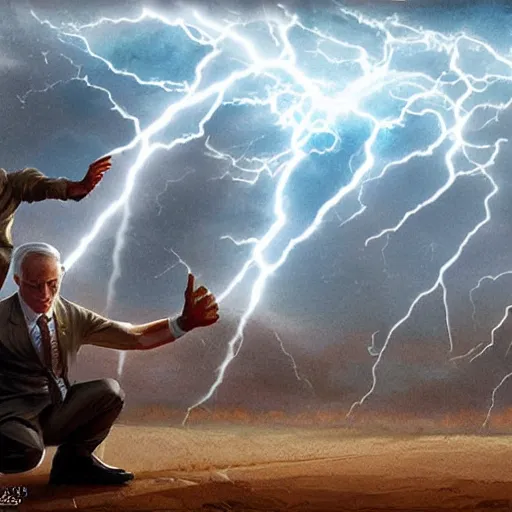 Image similar to benjamin netanyahu shooting lightning bolts with his hands like zeus, highly detailed, by artgerm and greg rutkowski