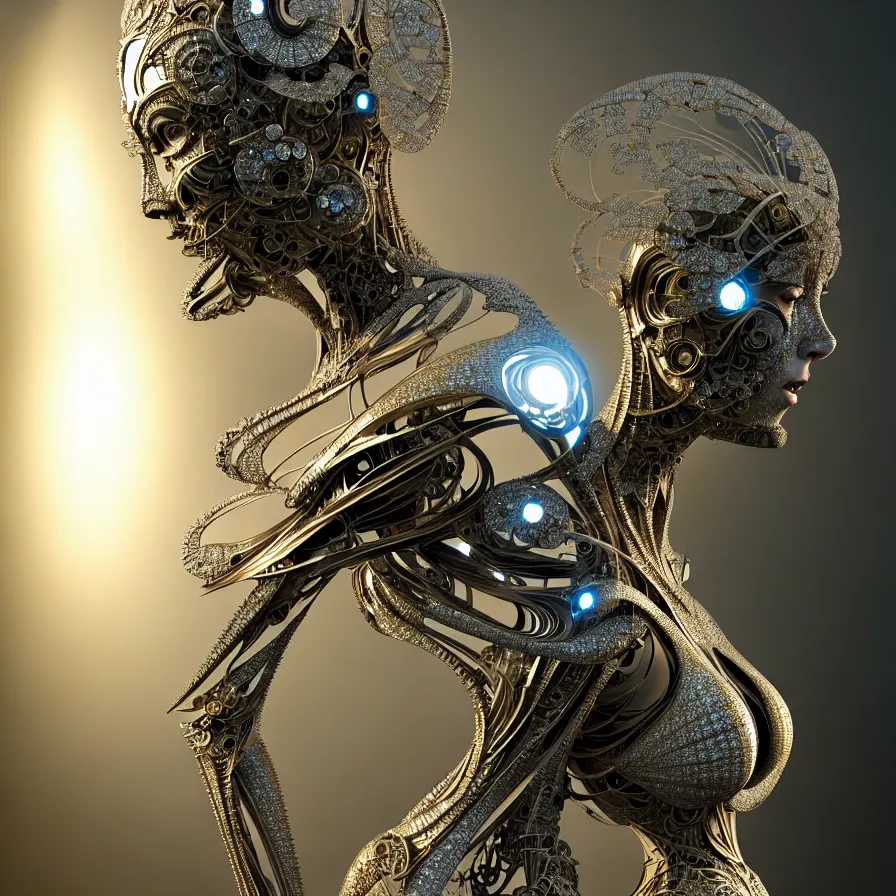 Image similar to organic cyborg, diamond sculpture, baroco style, diffuse lighting, fantasy, intricate, elegant, highly detailed, lifelike, photorealistic, digital painting, artstation, illustration, concept art, smooth, sharp focus, by john collier and albert aublet and krenz cushart and artem demura and alphonse mucha.