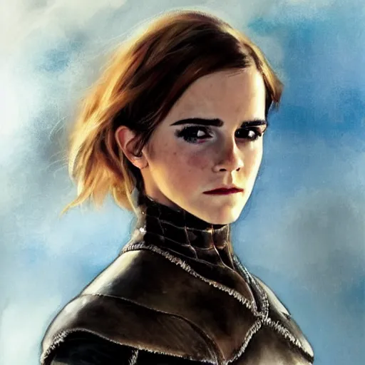 Image similar to close up of emma watson in full leather armor, cinematographic shot, by daniel f. gerhartz