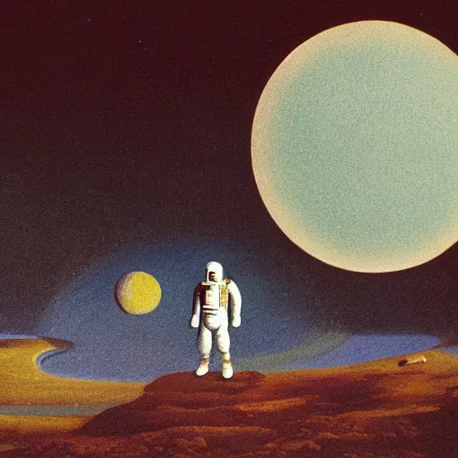 Image similar to Illustration. A beatiful illustration of a planet with two moons in the background. In the foreground, there is a woman wearing a spacesuit and holding a phaser. She is standing on a rocky surface, and there is a ship in the distance. claymation by Max Ernst robust