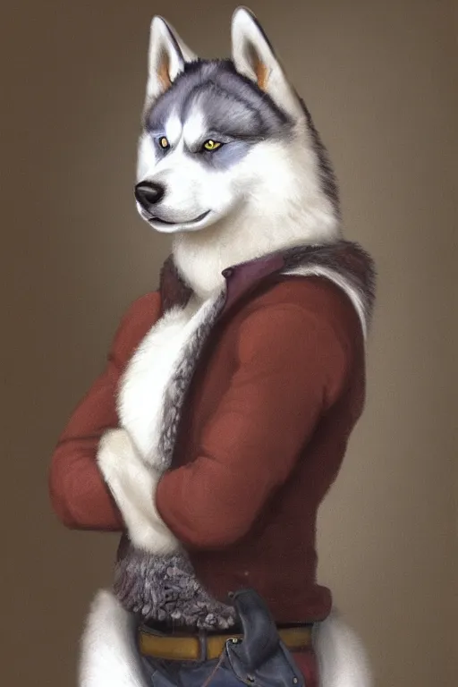 Image similar to a character design of a husky wearing a white vest, portrait painting, furry, humanoid, anthropomorphic, personify
