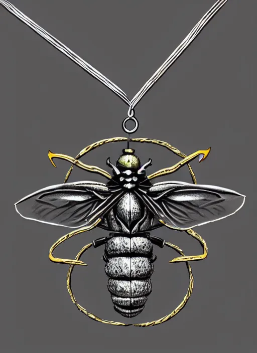 Image similar to rough concept art of small insect pendant, fantasy illustration, medieval era, hand - drawn, 4 k, trending on artstation, symmetry