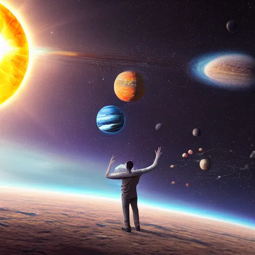 Prompt: man as big as the solar system standing in space, using the sun as his head, oil on canvas, intricate, 8k highly professionally detailed, HDR, CGsociety