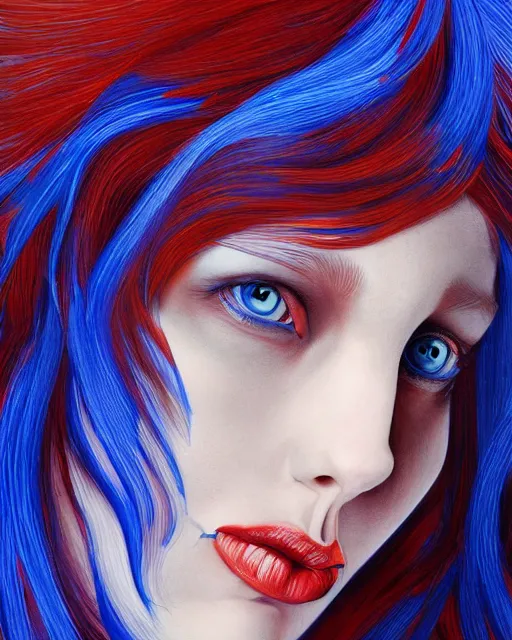 Image similar to a portrait of a beautiful woman with blue eyes and red hair, highly surrealistic face portrait in the style of Salvador Dali and Jim Warren, highly detailed, trending on artstationhq