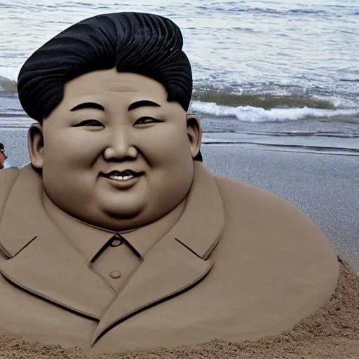 Image similar to a sand sculpture of kim jong un on the beach