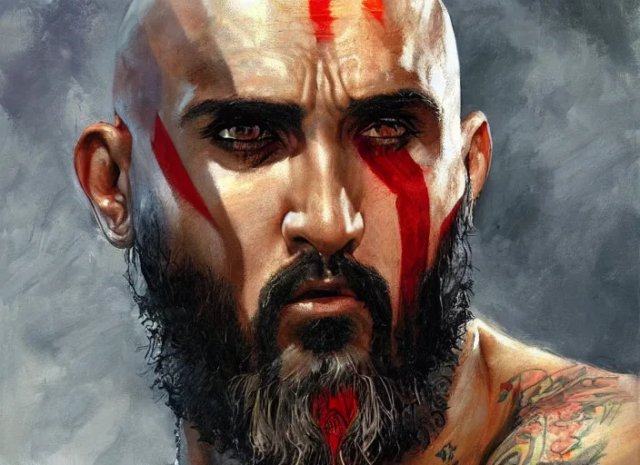 Image similar to a highly detailed beautiful portrait of arturo vidal as kratos, by gregory manchess, james gurney, james jean