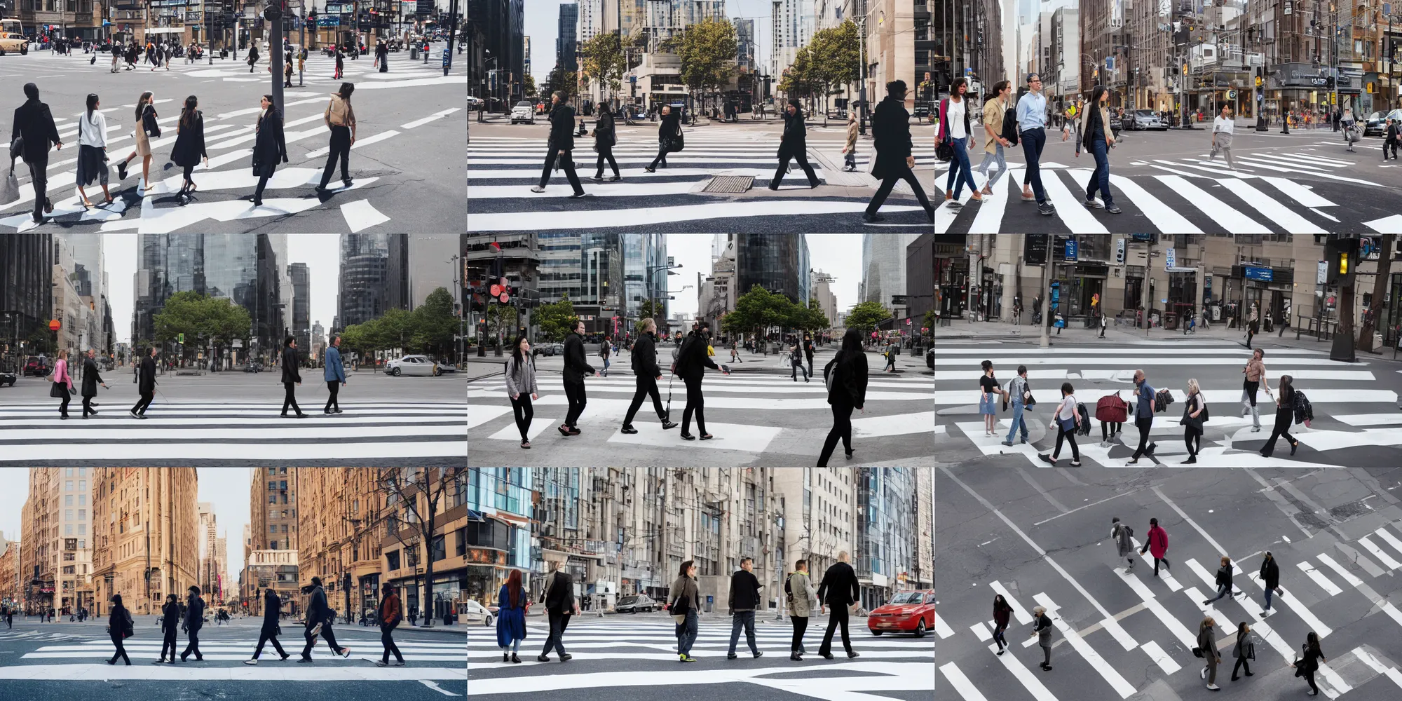 Prompt: three people are walking in a crosswalk in the city., professional color photograph