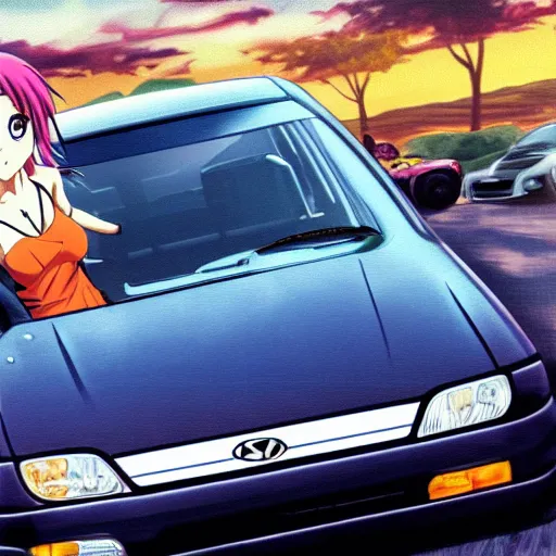 Prompt: closeup of a high definition anime girl riding a Hyundai Accent 1996 model with armenia quindio in the background in Initial D manga style, 8k, official media, wallpaper, hd