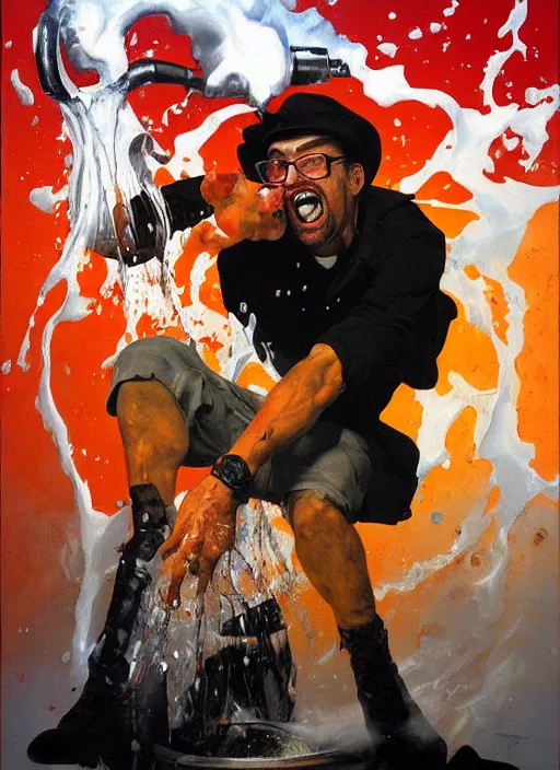 Prompt: blippi pouring boiling milk on dwayne johnsons skull, screaming, pointing, enraged, painting by phil hale, 'action lines'!!!, graphic style, visible brushstrokes, motion blur, blurry