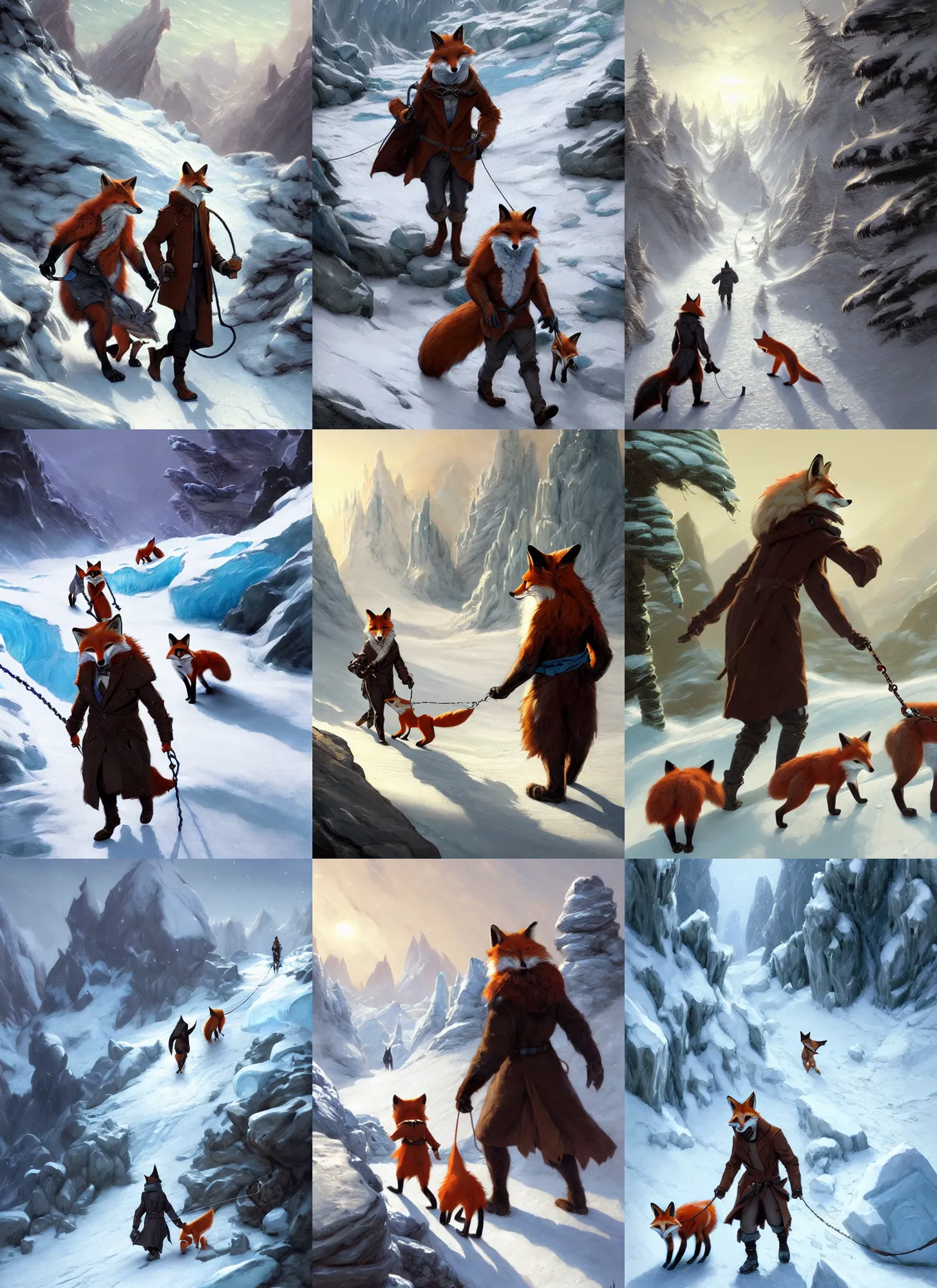 Prompt: an anthropomorphic fox man wearing a long coat walking another fox on a leash across a glacier, hands in pockets, blizzard, character illustration by Aaron Miller, Greg Rutkowski, thomas kinkade, Howard Pyle, disney, El Greco, Cynthia Sheppard