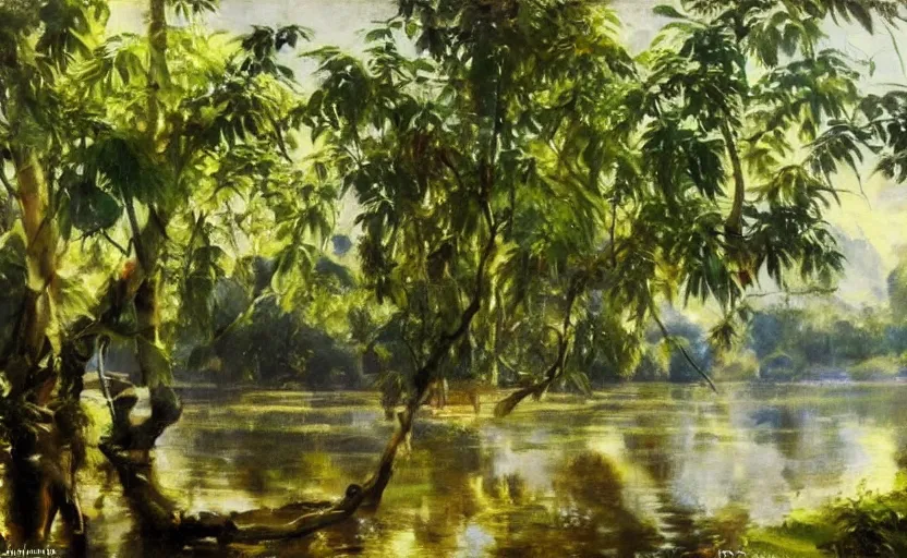 Prompt: oil painting lanscape by anders zorn, jungle nature, fruit trees, very very very very beautiful art, dramatic light, water reflections, crocodile river