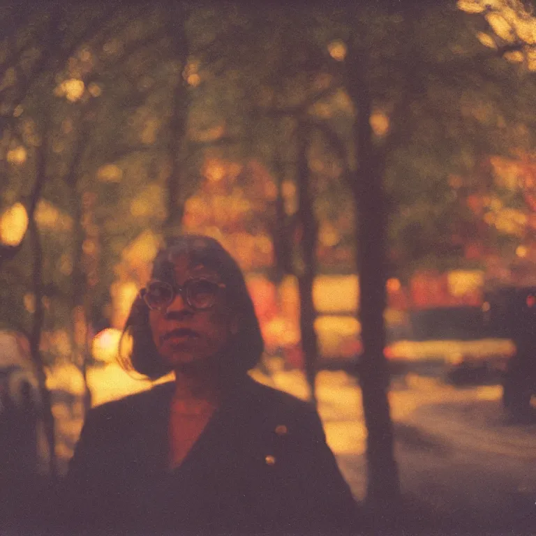 Prompt: golden hour silouhette portrait photographed with analog medium format fuji gw 6 9 0 in new york, 1 9 6 0 s film street photography, vintage expired colour film bokeh photograph