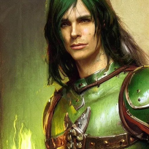 Prompt: medieval, attractive long dark haired elf male with green skin, character design, armor, painting by greg rutkowski gaston bussiere, craig mullins, j. c. leyendecker, tom of finland