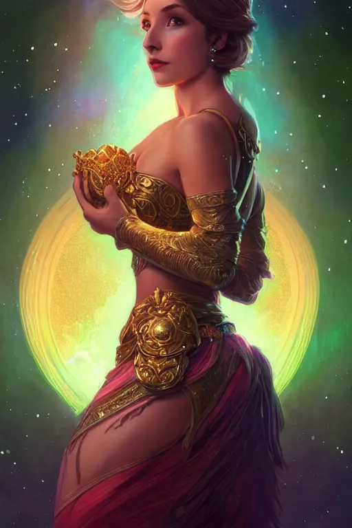 Image similar to beautiful female queen, full body shot, short hair, d & d, golden trims, ethereal background, aurora borealis, fantasy, intricate, elegant, highly detailed, digital painting, artstation, concept art, matte, sharp focus, illustration, hearthstone, art by artgerm and greg rutkowski and alphonse mucha