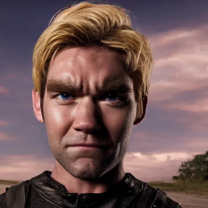 Prompt: portrait of kid! antony starr as homelander from the boys ( 2 0 1 9 ), slightly smiling. looking towards the camera, by brandon stanton. blonde hair. detailed, 4 k, morning hour.