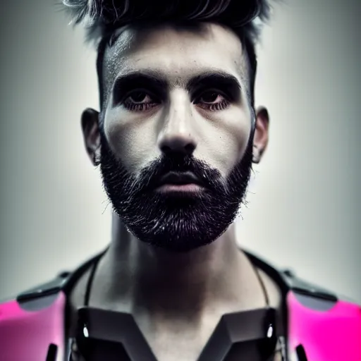 Prompt: bust portrait of handsome proud man with short black hair with grey hair, piercing in eyebrow, very short full beard, cyberpunk, fashion editorial photography, neon color scheme, waist up, low angle