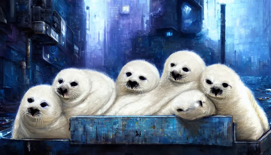 Image similar to highly detailed painting of cute furry white baby seals cuddled up in a cardboard box in a dystopian cyberpunk street by william turner, thick brush strokes and visible paint layers, 4 k resolution, blue and white colour scheme