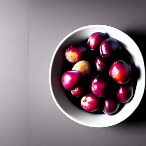 Image similar to photo of a thick porcelain bowl filled with a few moist freshly picked plums on a wooden table. volumetric lighting. 4 k. small scale. realistic. top down.