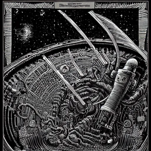 Prompt: seti alien announcement by dan mumford and gustave dore