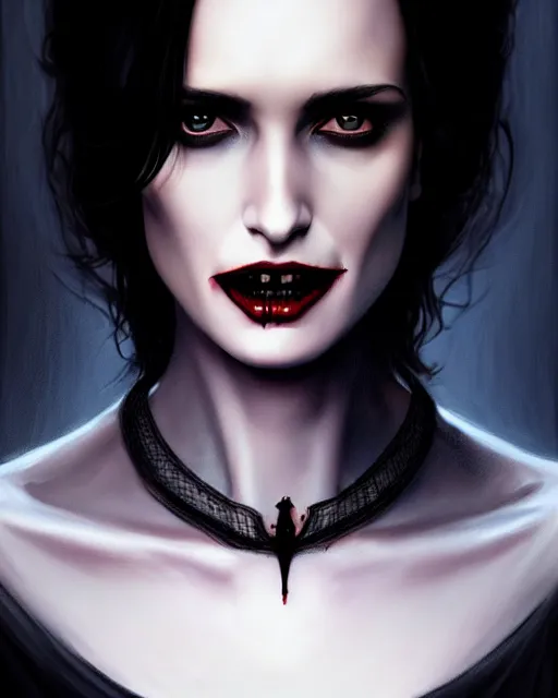 Image similar to gorgeous female Winona Ryder vampire sharp teeth in a confident dress, realistic character concept, medium shot, elegant pose, horror, illustration, slender symmetrical face and body, symmetrical eyes, artstation, cinematic lighting, hyperdetailed, Tom Bagshaw, Rafael Albuquerque, Norman Rockwell, single face, insanely detailed and intricate, beautiful, elegant, dark blue background