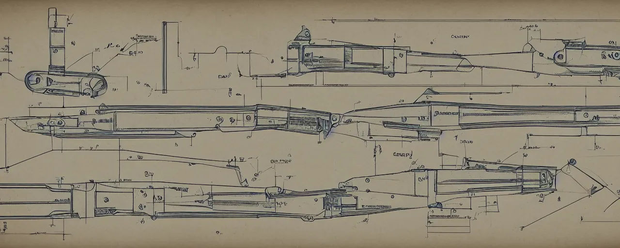 Image similar to diagram for a 1930's ray gun with fins, blueprint style, panoramic view