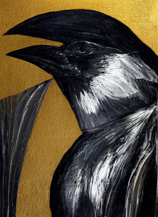 Image similar to crow, award - winning painting, abstract, gold and silver shapes, elegant, luxurious, beautiful, pitch black background, chiaroscuro