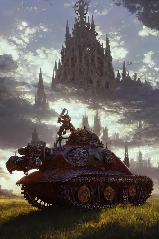 Image similar to a mobile driving ornate cathedral church mounted on a tank with chain drive, warhammer 4 0, scene in an open field. key visual, conceptart, ambient lighting, highly detailed, digital painting, artstation, concept art, sharp focus, by makoto shinkai and akihiko yoshida and kris kuksi