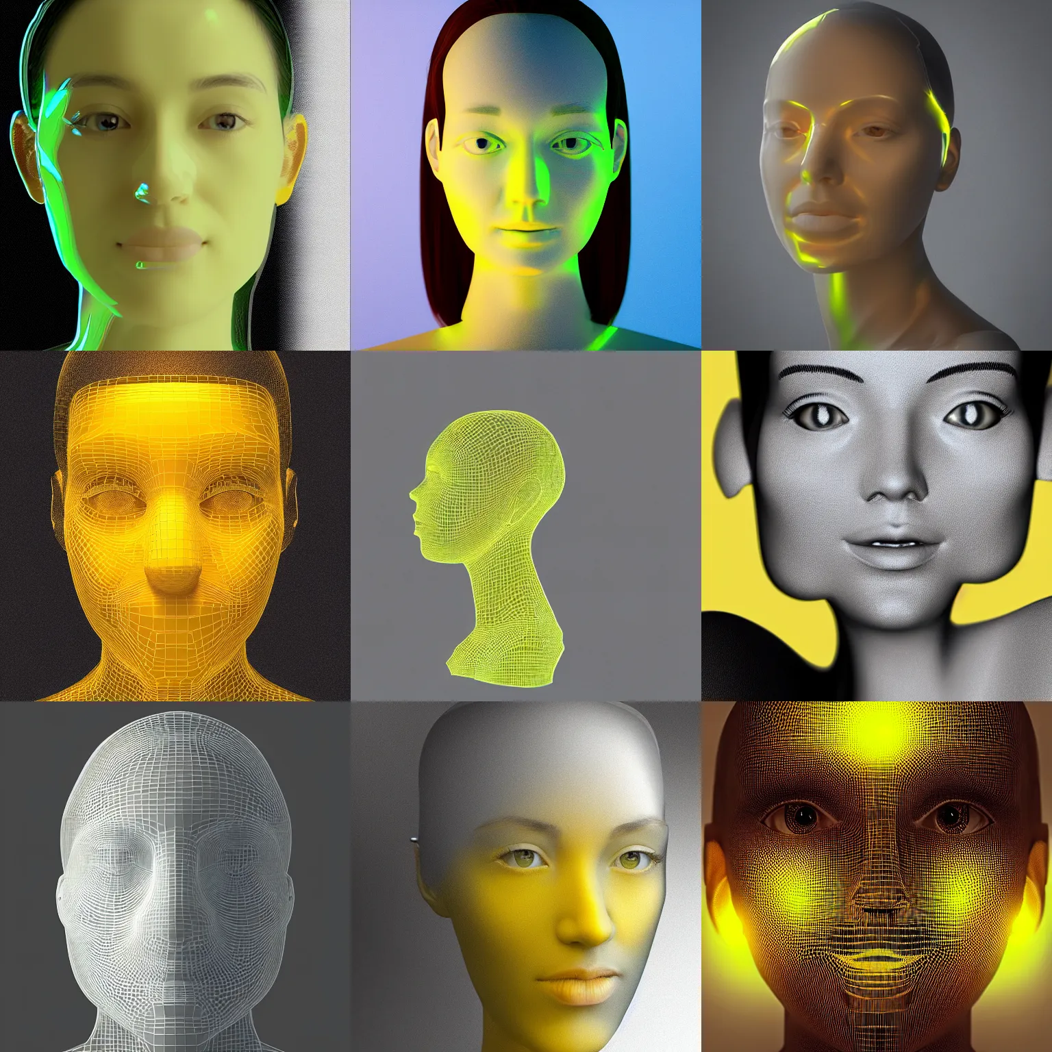 Prompt: “3d render high detail transparent woman’s face made of bright yellow glass, see through opaque, blender portrait”