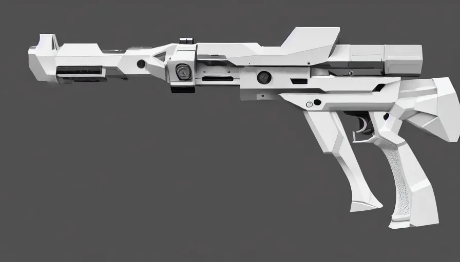 Prompt: extremely detailed ultra realistic photographic side view minimalist magnum pistol coilgun, detailed trigger, chemically propelled, battery, smooth streamline, battery and wires, railgun, chemrail, gauss, elegant sleek smooth body, white paint, smooth utopian design, ultra high quality, octane, artstation, destiny, warframe, terminator