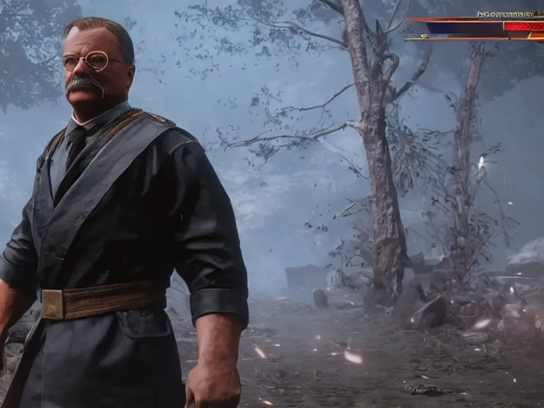 Prompt: Teddy Roosevelt in Mortal Kombat 11, PS5, 5k, in-game cimematic, official media