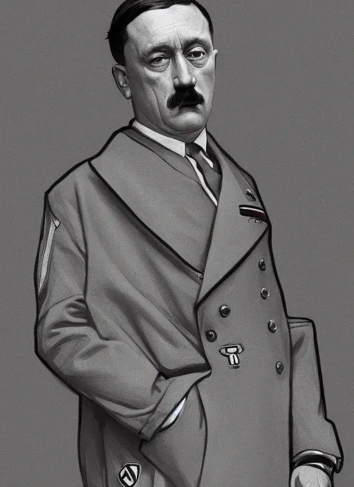 Prompt: Hitler in luxuruous sweatshirt nike suit, sigma male, nike logo, accurately portrayed, portrait art by alphonse mucha and greg rutkowski, highly detailed, digital painting, concept art, illustration, dim lighting with twilight rays of sunlight, trending on artstation, very detailed, smooth, sharp focus, octane render, close up