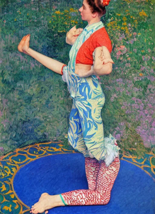 Image similar to an art nouveau painting poster of a girl doing yoga with a futuristic kimono and leggins in middle of a landscape by norman rockwell and monet