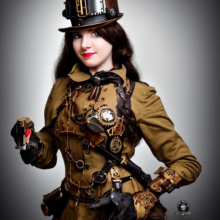 Prompt: full length portrait photograph of a real-life beautiful woman steampunk soldier. Extremely detailed. 8k