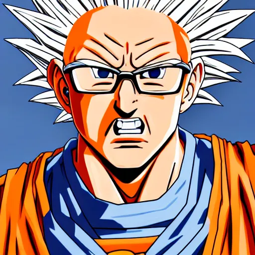 Image similar to ultra realistic portrait painting of bernie sanders as super saiyan goku, art by akira toriyama, 4 k, dragon ball artstyle, cel shaded, highly detailed, epic lighting