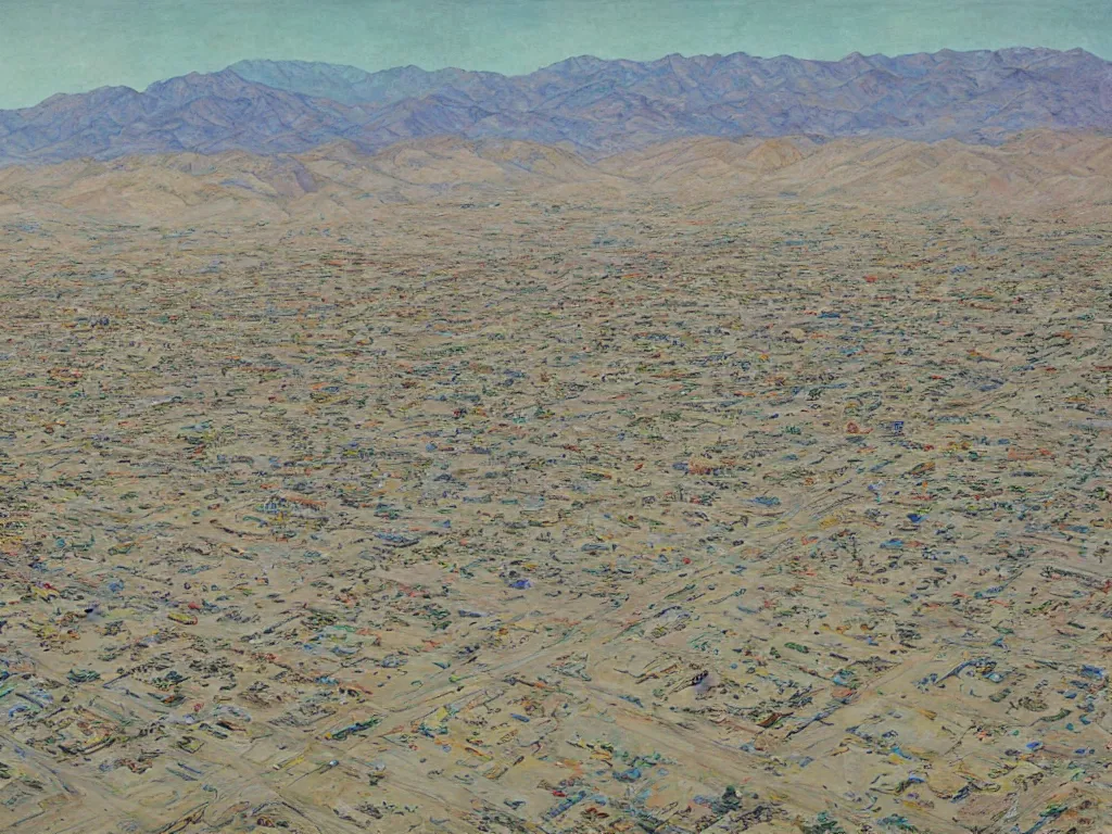 Image similar to landscape, bird view, large Trailer park in the desert near the oasis with a reservoir and rednecks, painting by style Julie Mehretu