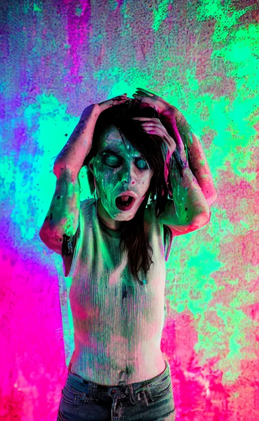 Prompt: grungy woman crying glowing neon paint, dark, horror, cinematic, Sony a7R IV, symmetric balance, polarizing filter, Photolab, Lightroom, 4K, Dolby Vision, Photography Award