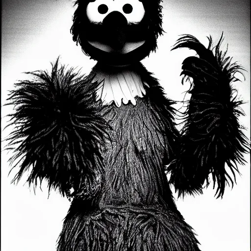 Prompt: big bird from sesame street, style of junji ito!!!!, black and white, undead