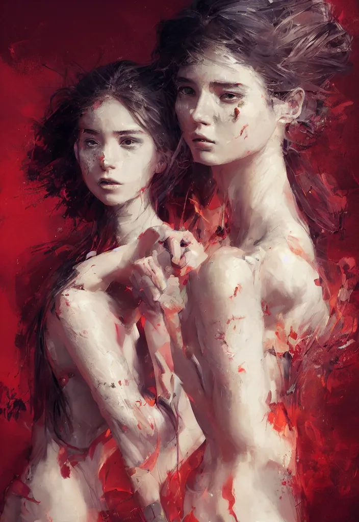 Image similar to full body portrait of a duo of 1 9 years old girl figures, messy hair, oriental tattoos, subjects wearing savile row menswear, beautiful, dramatic, cinematic lighting, few fire red highlights, visible brushstrokes, by ross tran and jeremy mann and guweiz, oil on canvas, artstation, pixiv