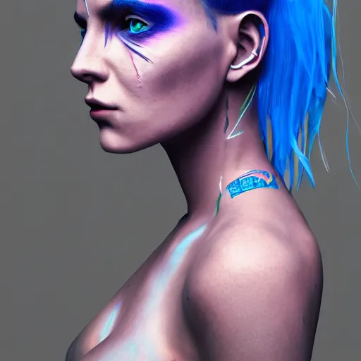 Image similar to a portrait of a cyberpunk woman, blue neon hair, hyperdetailed, rtx, hdr, 3 d render, octabe render, 8 k.